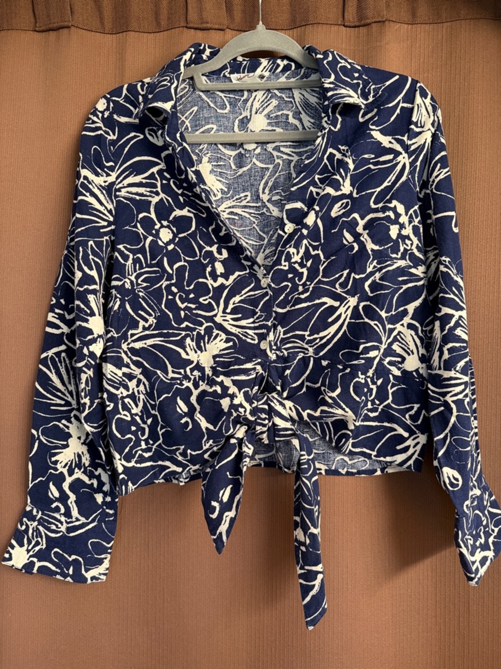 Panama Jack Linen Navy & White Floral Tie-Front Button-Down Blouse
